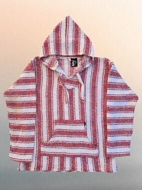 Baja Billy’s Red and White Striped Woven Beach Hoodie Sweatshirt ~ Unisex Large